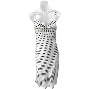 Zara White Silk Satin Polka Dot Sleeveless Cowl Neck Cami Midi Slip Tank Dress M